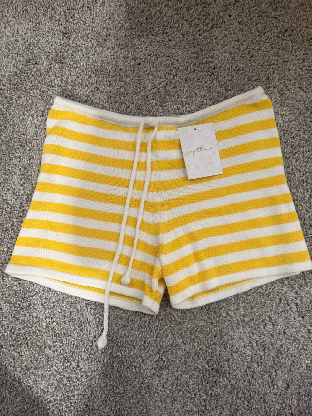 Striped Knit Drawstring Shorts - Yellow & White